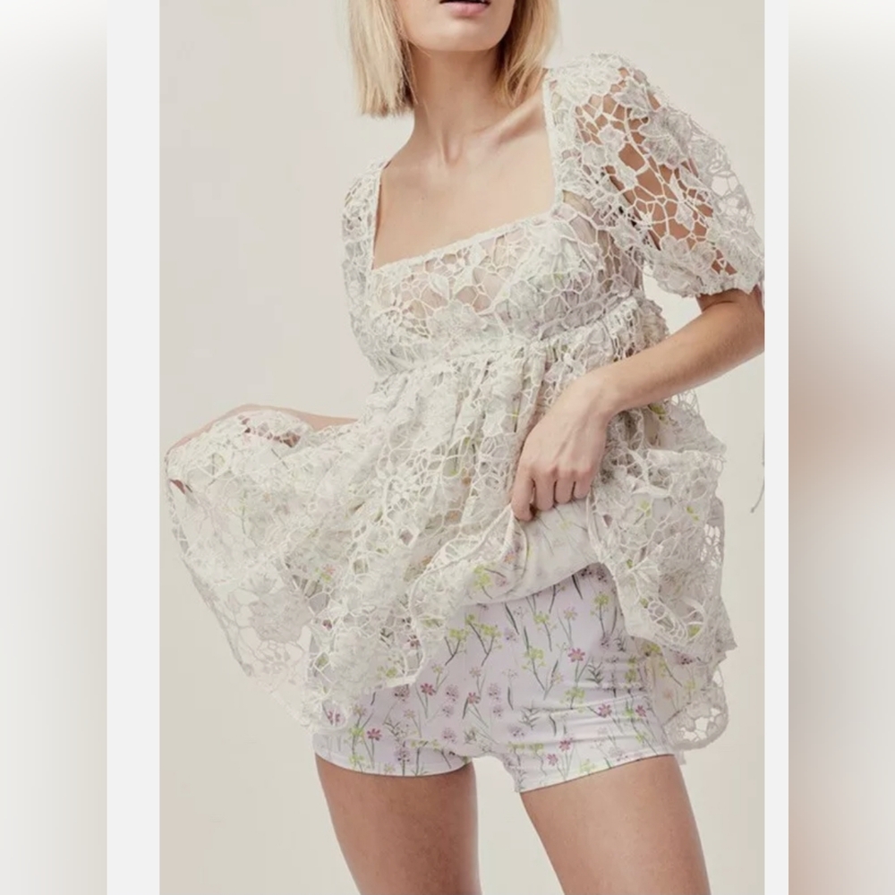 FOR LOVE AND LEMONS Sundae White Lace Floral babydoll Mini Dress XS